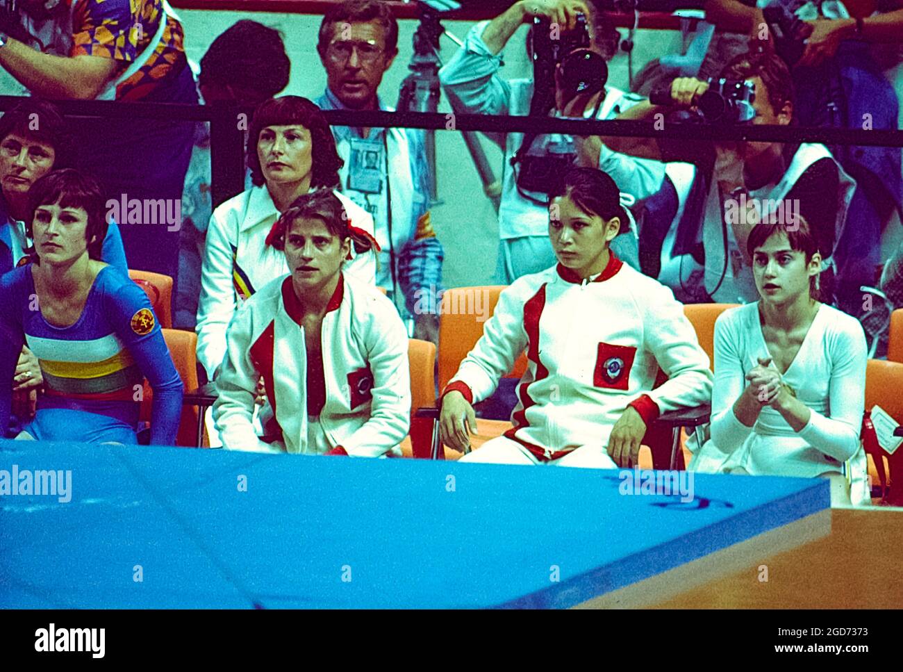 L-R Olga Korbut (URS),Nellie Kim (URS) and  Nadia Comaneci (ROM) at the 1976 Olympic Summer Games, Montreal, Canada Stock Photo