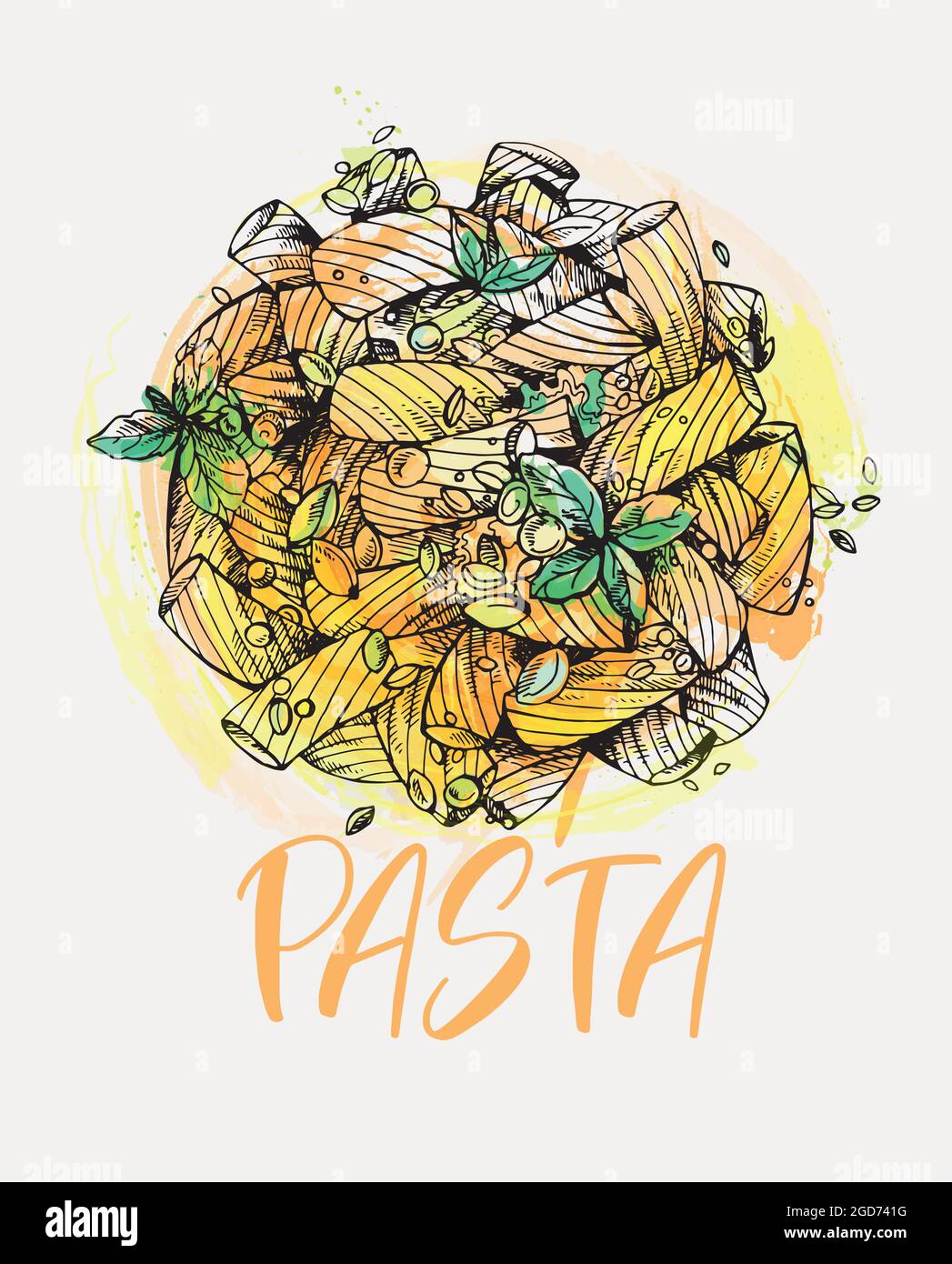 Hand drawn sketch style colored pasta dish isolated on white background