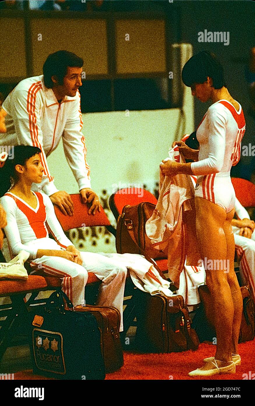 Nadia Comaneci (ROM) with coach Bela Karolyi at the 1979 World Artistic ...