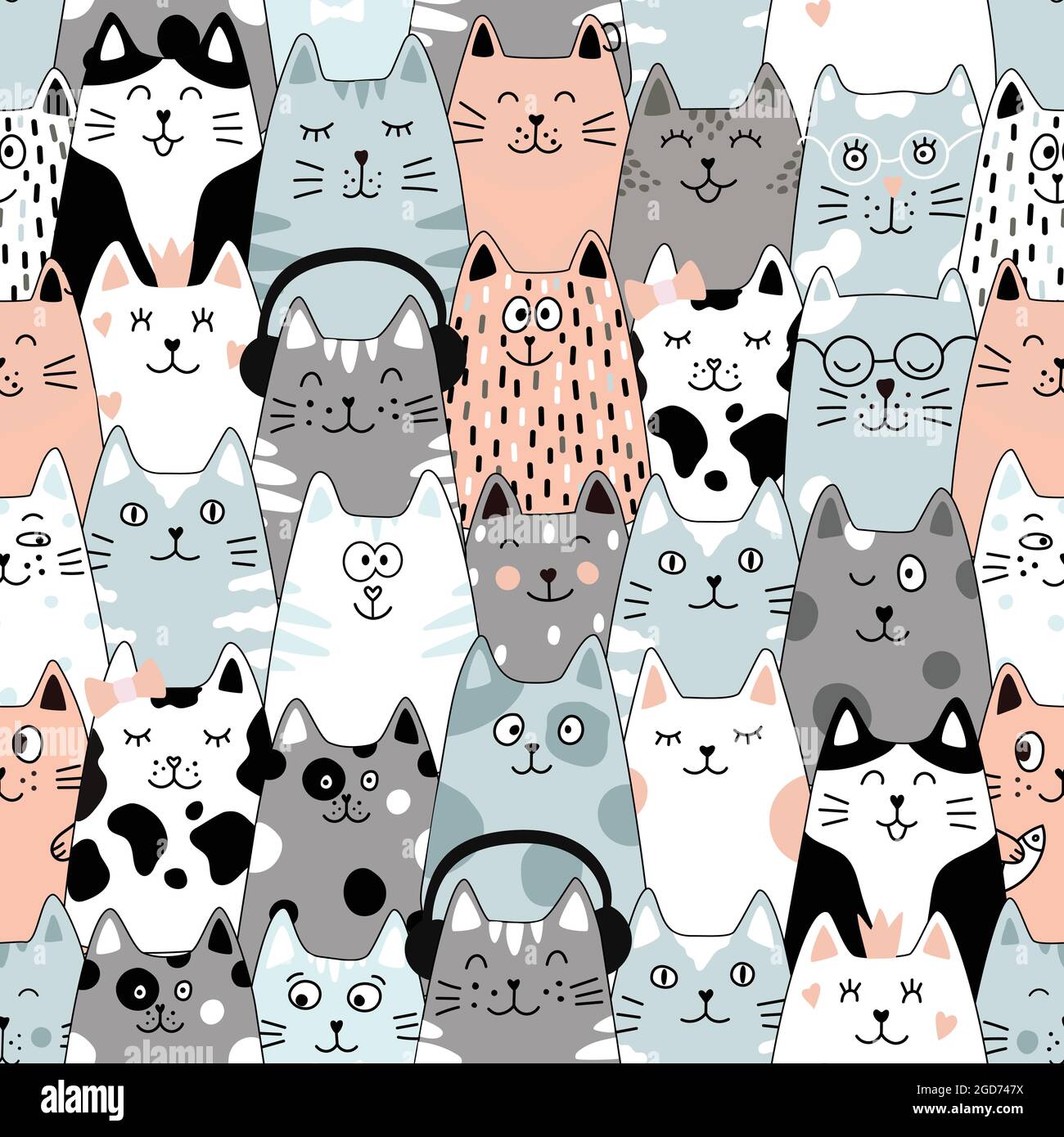 Seamless pattern with cats. Cute cat set. Funny cartoon animal ...