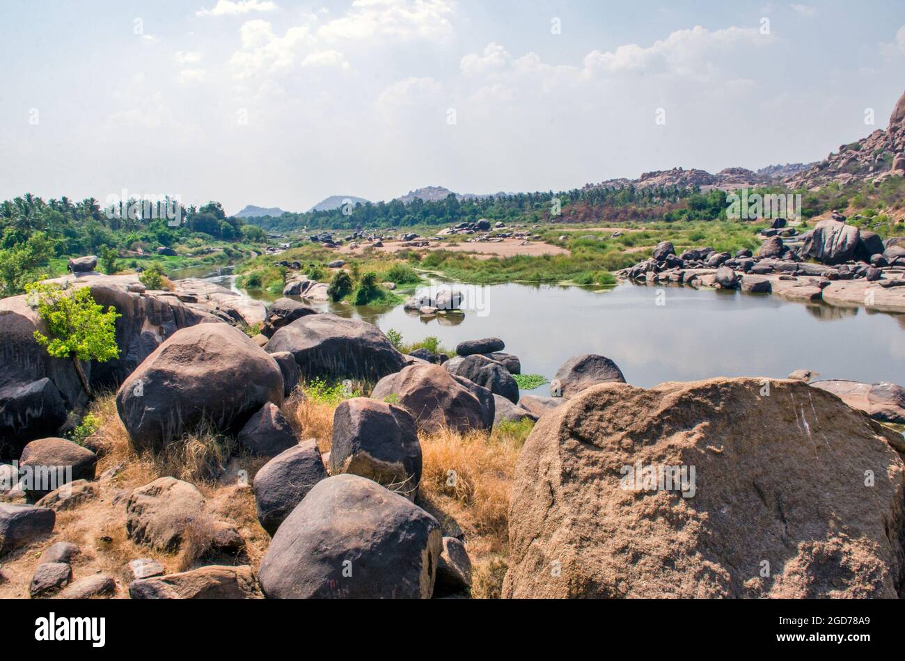 river tungabhadra & landscape at hampi karnataka Stock Photo