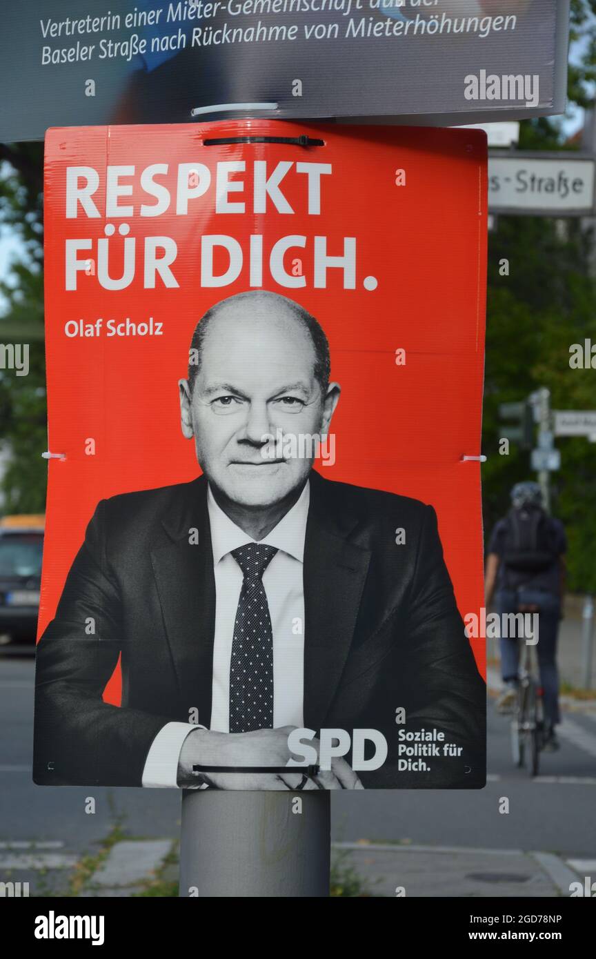 Election poster of Olaf Scholz at Unter den Eichen in Lichterfelde in Berlin, Germany - August 10, 2021. Stock Photo