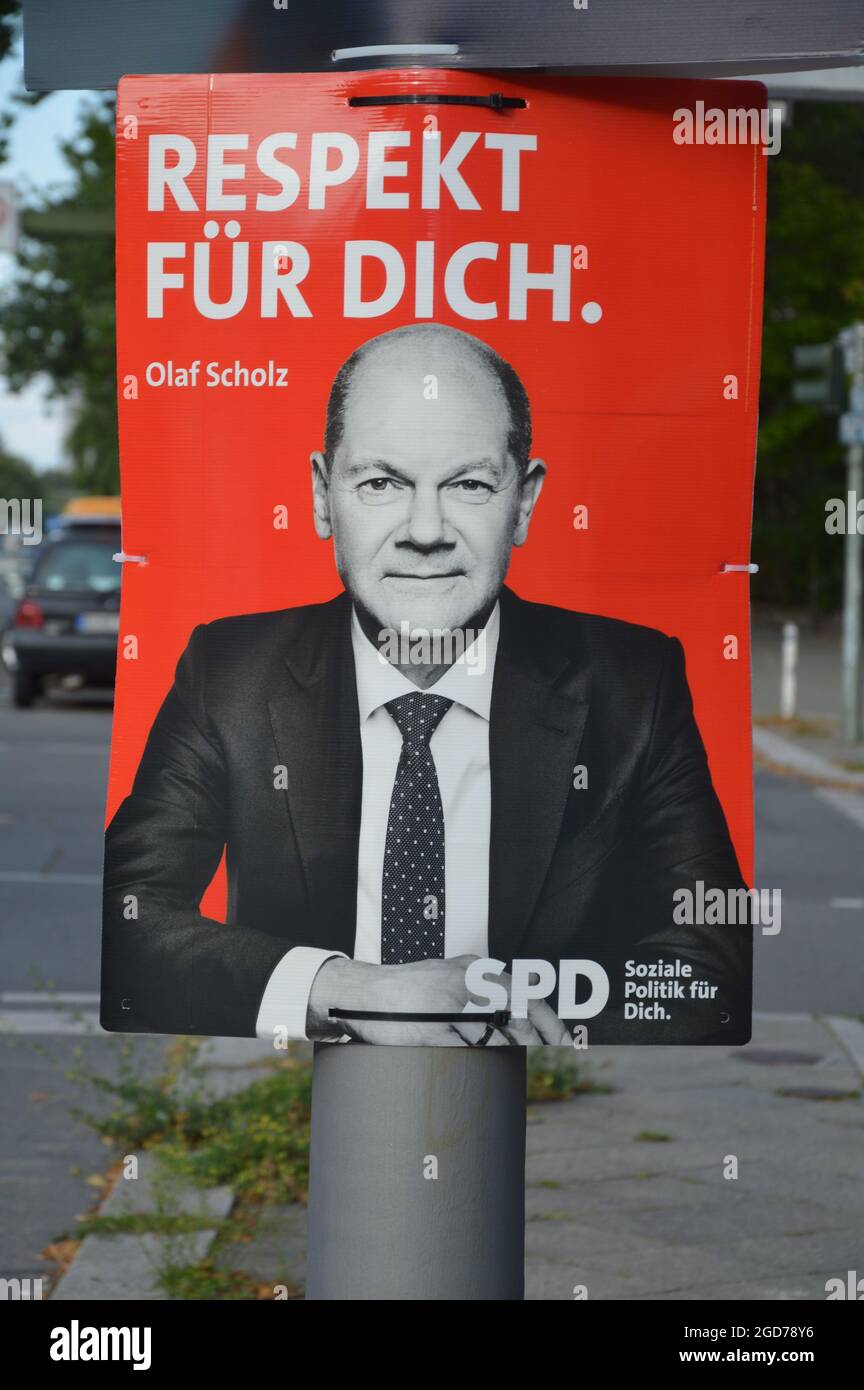 Election poster of Olaf Scholz at Unter den Eichen in Lichterfelde in Berlin, Germany - August 10, 2021. Stock Photo