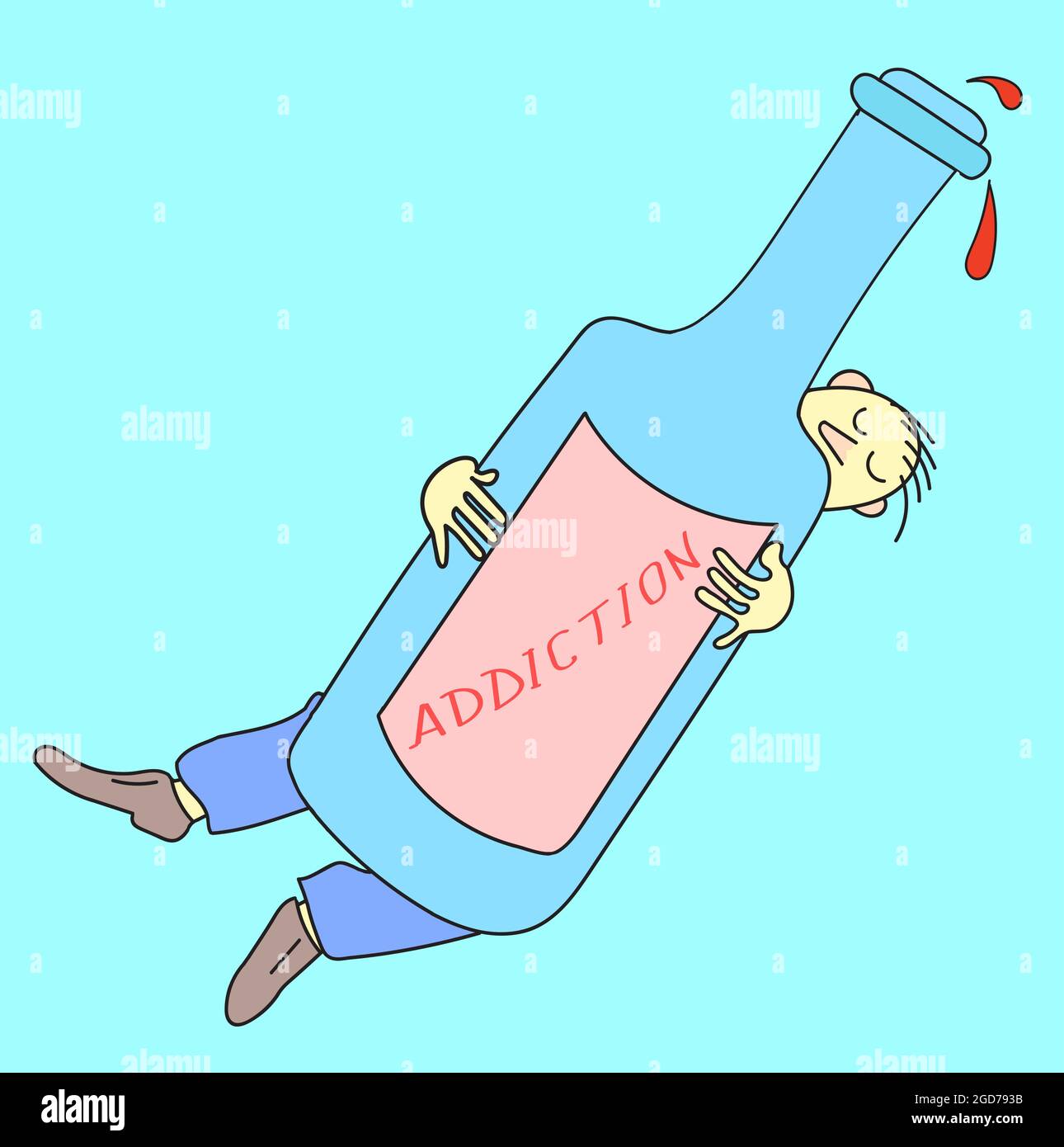 Caricature of an alcoholic. Alcoholism. A man falls asleep and falls in a hug with a bottle Stock Vector