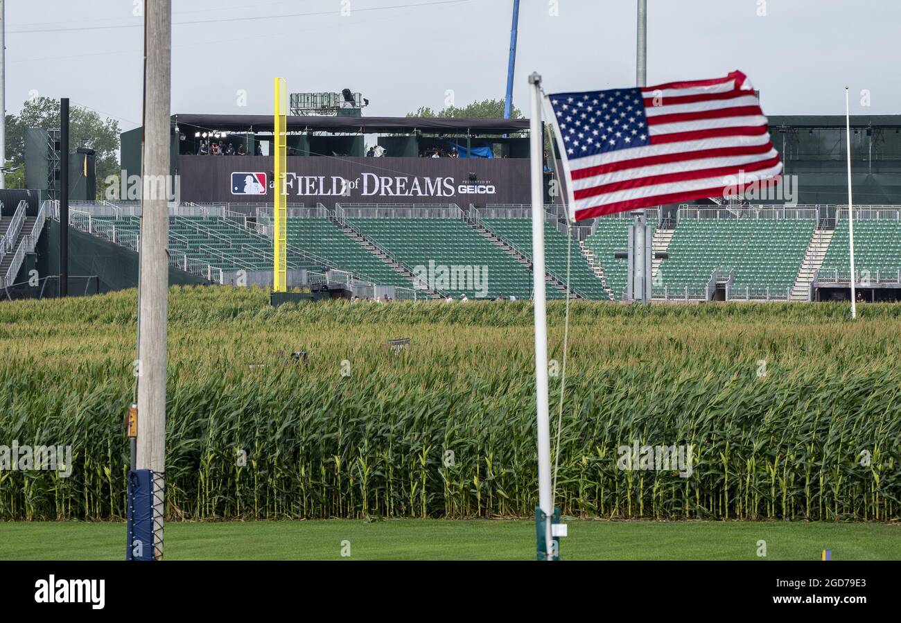 Dyersville, United States. 11th Aug, 2021. An American flag flies down the right field line in the cornfield ballpark depicted in the movie 'Field of Dreams' near Dyersville, Iowa on Wednesday, August 11, 2021. The New York Yankees and Chicago White Sox will play a MLB regular season game on an adjacent ballpark, shown in the background, in the cornfields of Iowa on Thursday, August 12th. Photo by Pat Benic/UPI Credit: UPI/Alamy Live News Stock Photo