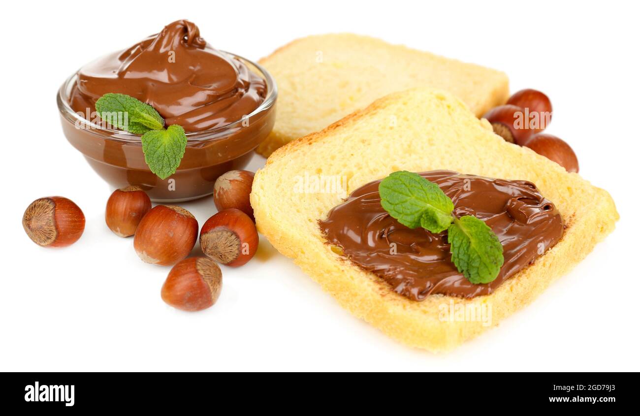 Bread with sweet chocolate hazelnut spread isolated on white Stock