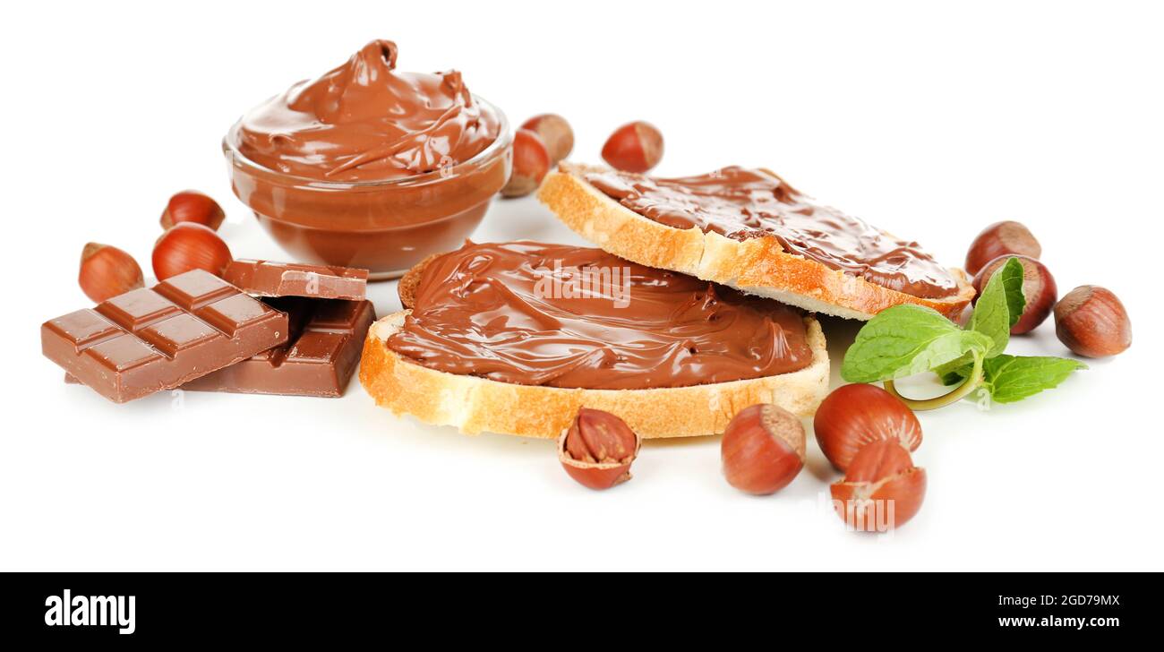 Bread with sweet chocolate hazelnut spread isolated on white Stock