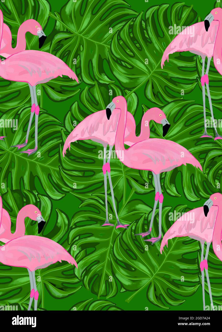 Tropical pattern with flamingos and monstera, pattern for material, background Stock Photo