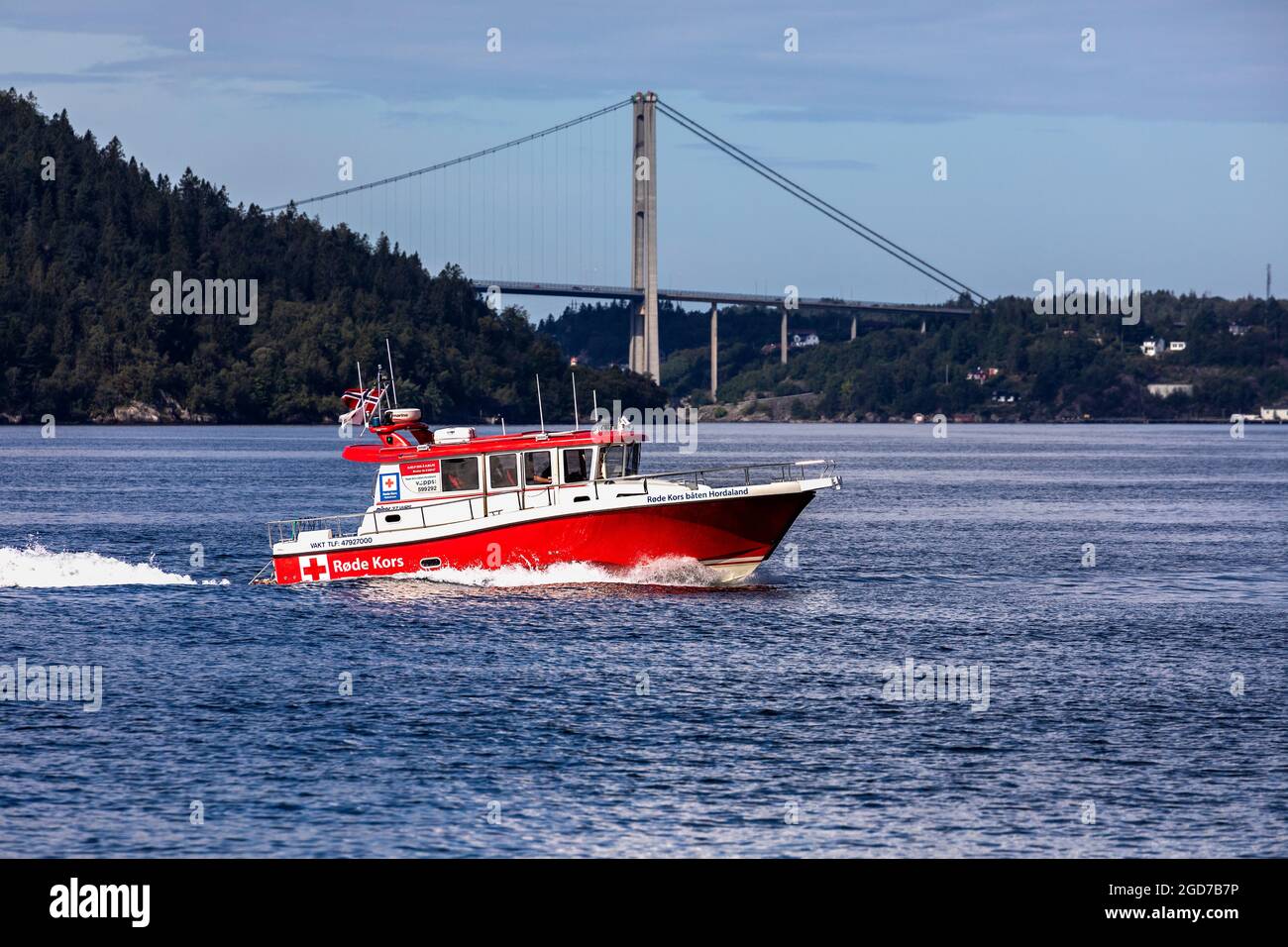 Red Cross SAR vessel Hordaland Røde Kors båten at Byfjorden, Bergen, Norway Stock Photo