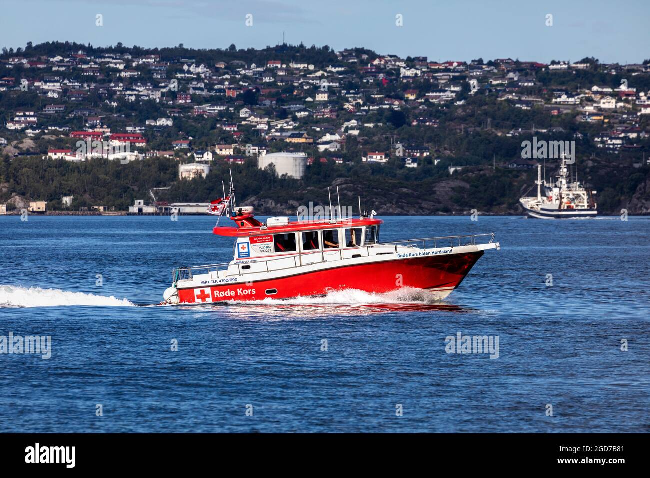 Red Cross SAR vessel Hordaland Røde Kors båten at Byfjorden, Bergen, Norway Stock Photo
