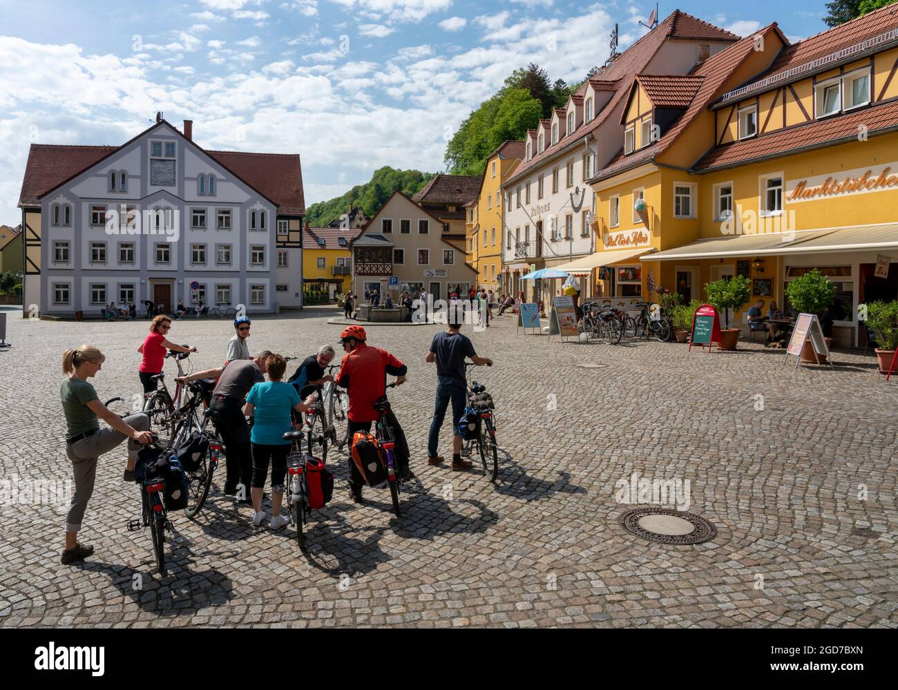 Tour Group Traveling By Bike In Saxon Switzerland Stock Photo
