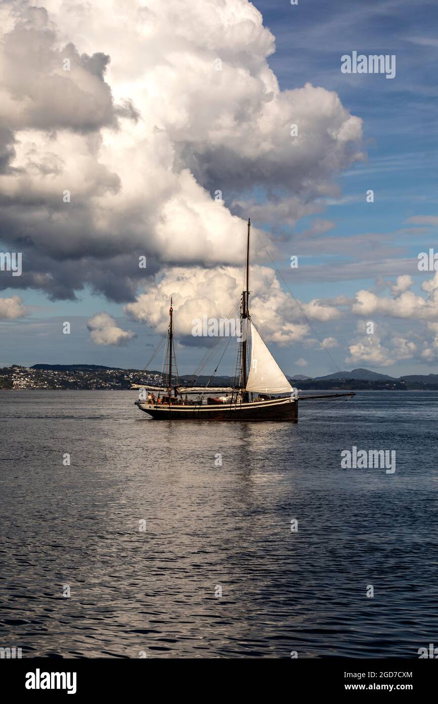 Veteran sailing vessel Seladon (built 1937) at Byfjorden, outside the port of Bergen, Norway. Stock Photo