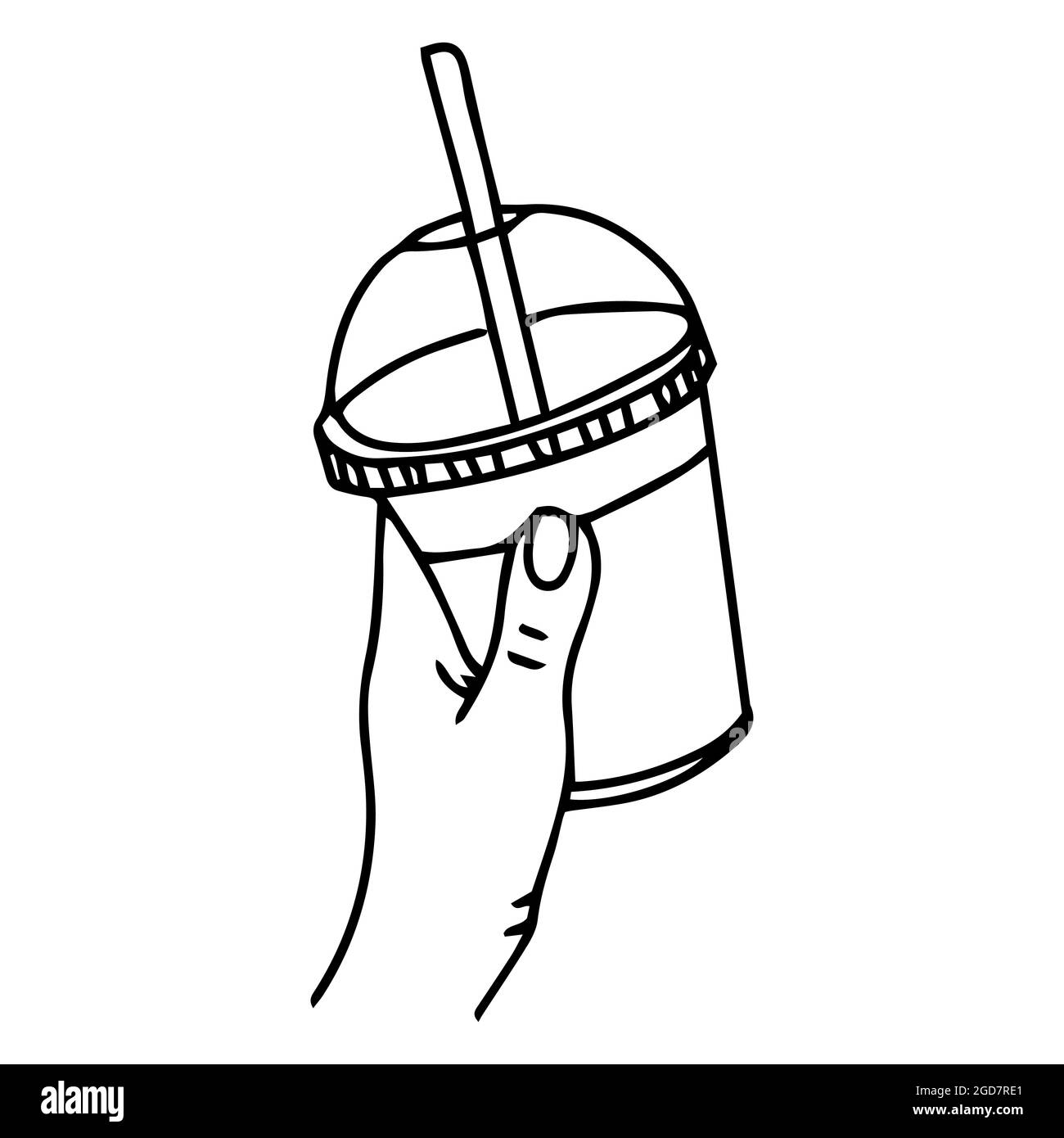 Isolated vector illustration on white background doodle hand with glass. Takeaway drink. Hand holds a glass with milkshake, coffee, lemonade. Stock Vector
