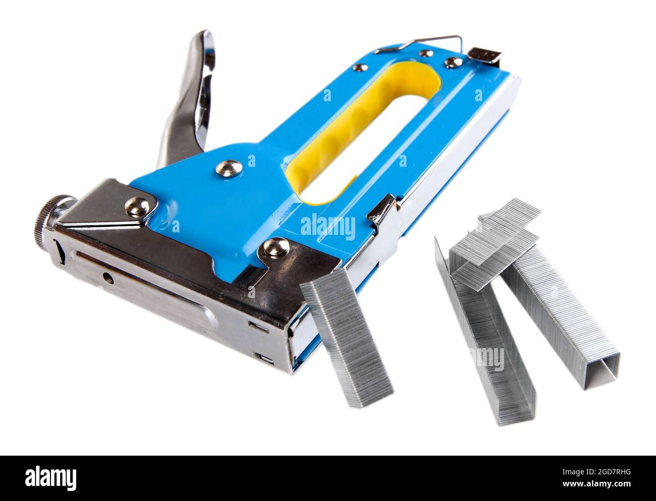 Construction stapler and staples isolated on white Stock Photo Alamy