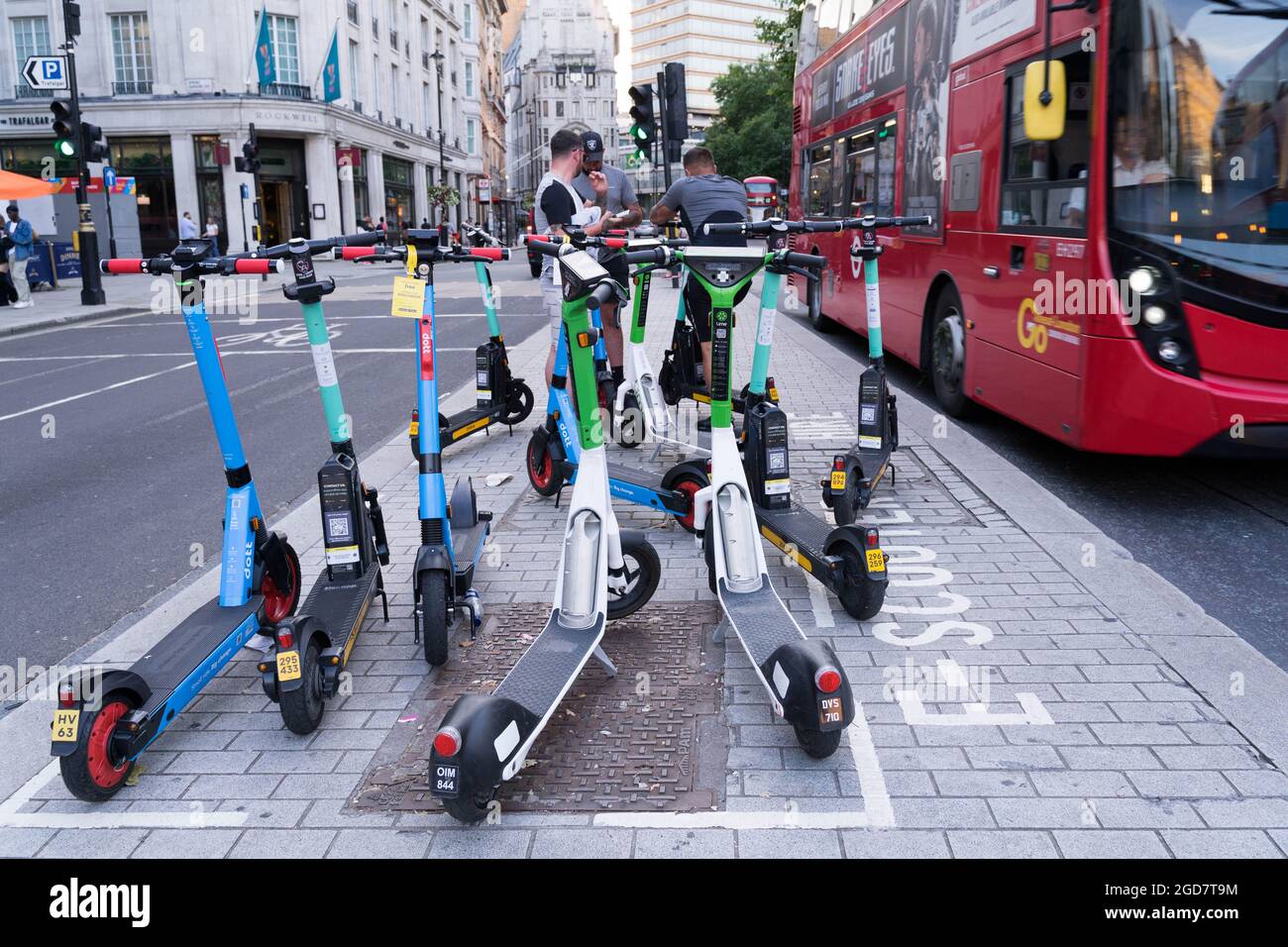 many escooters for hire in London Trafalgar Square England UK Stock Photo Alamy