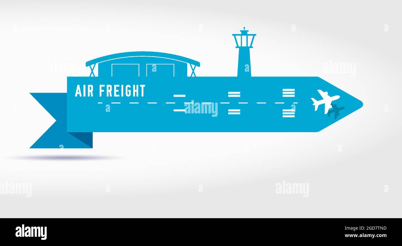 Air cargo services and freight paper cut ribbon banner. Airport with a hangar and a tower, an airplane taking off. Flat vector illustration isolated o Stock Vector