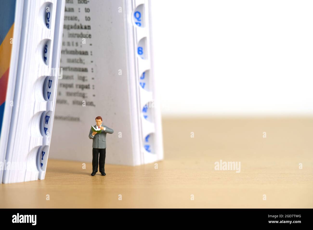 Miniature people toy figure photography. Bookshelf library concept. A men standing in front of opened book dictionary. Image photo Stock Photo