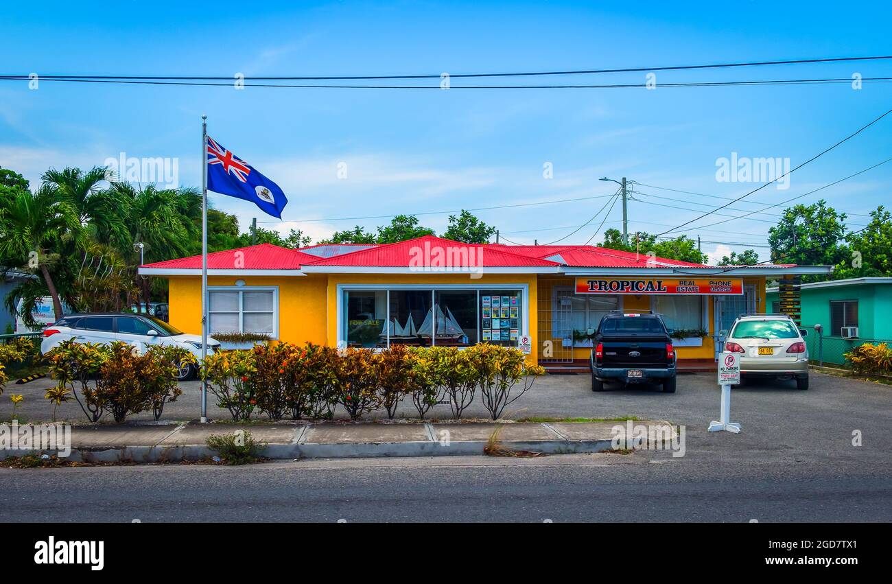 Grand Cayman, Cayman Islands, July 2020, view of the colourful building of Tropical Real Estate