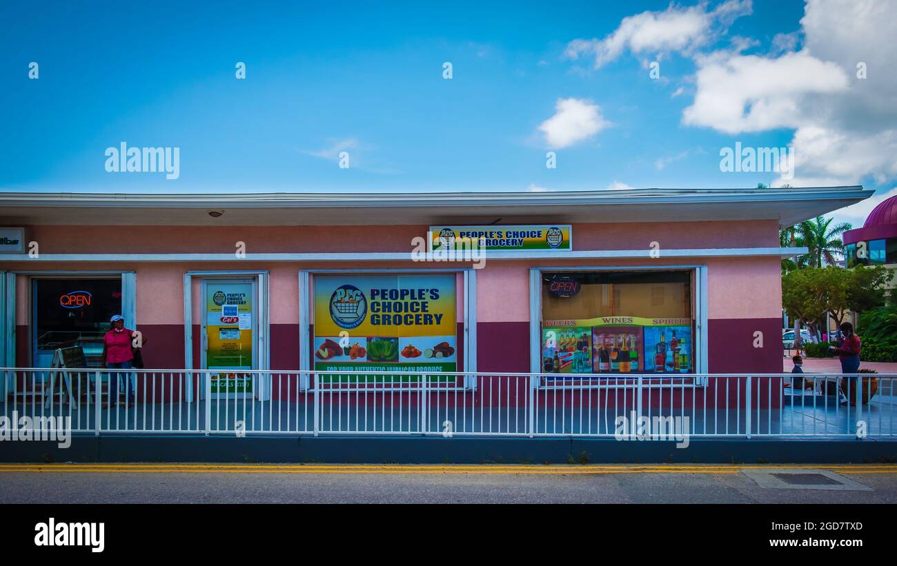 Grand Cayman, Cayman Islands, July 2020, view of the colourful building