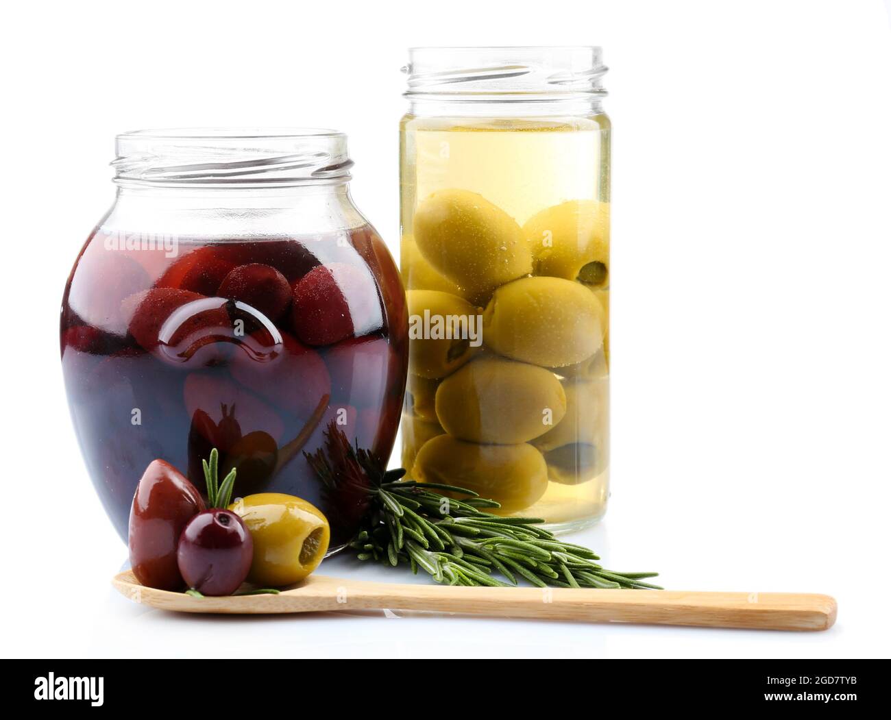 Tasty olives in glass jars, isolated on white Stock Photo Alamy
