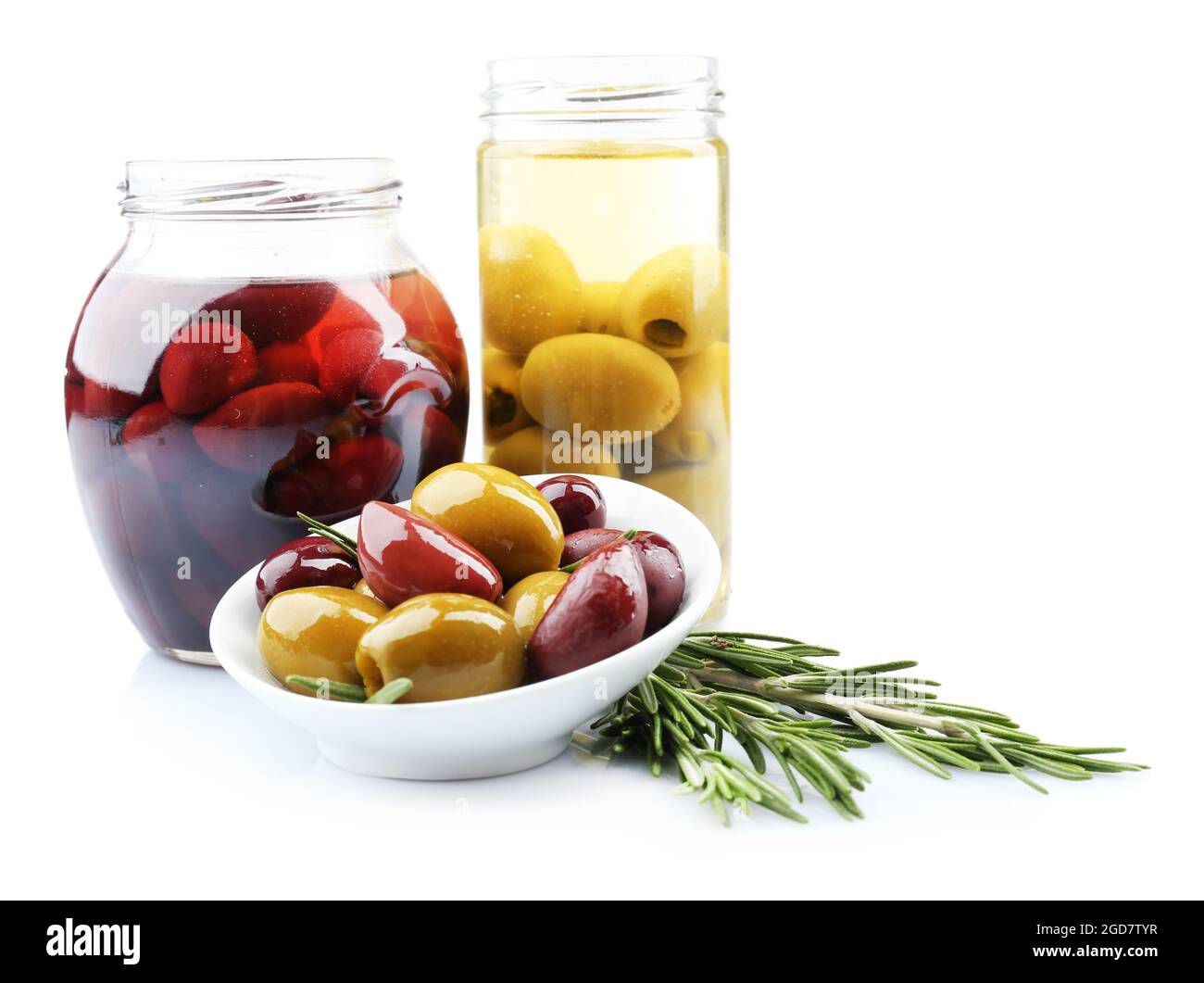 Tasty olives in glass jars, isolated on white Stock Photo Alamy