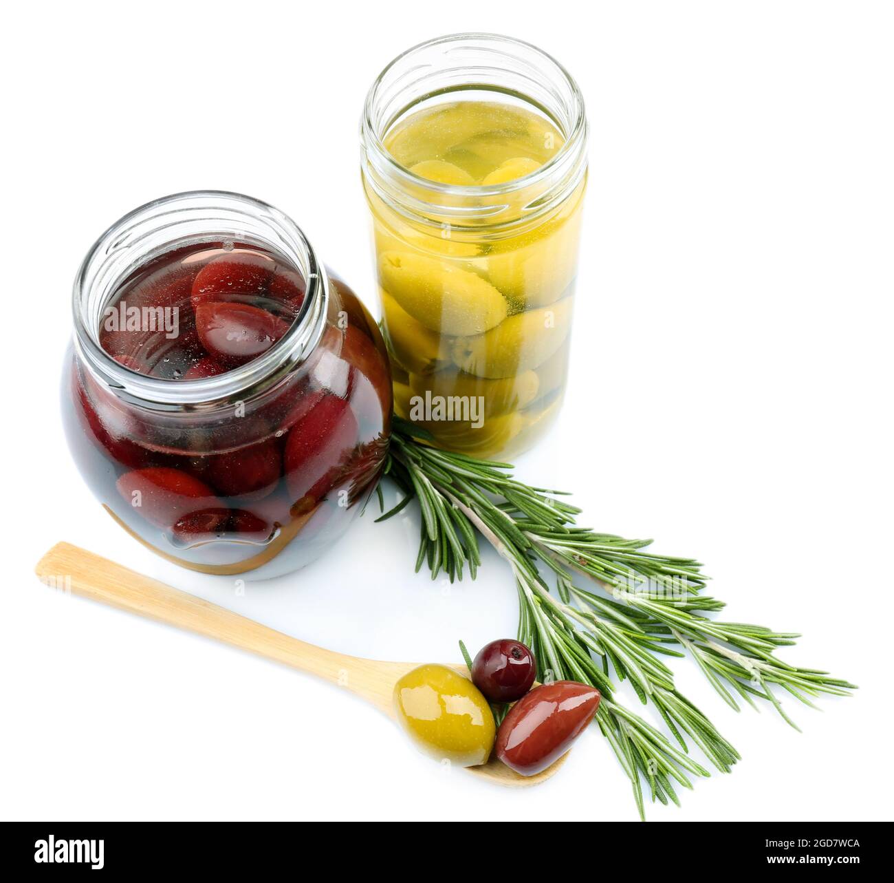 Tasty olives in glass jars, isolated on white Stock Photo Alamy