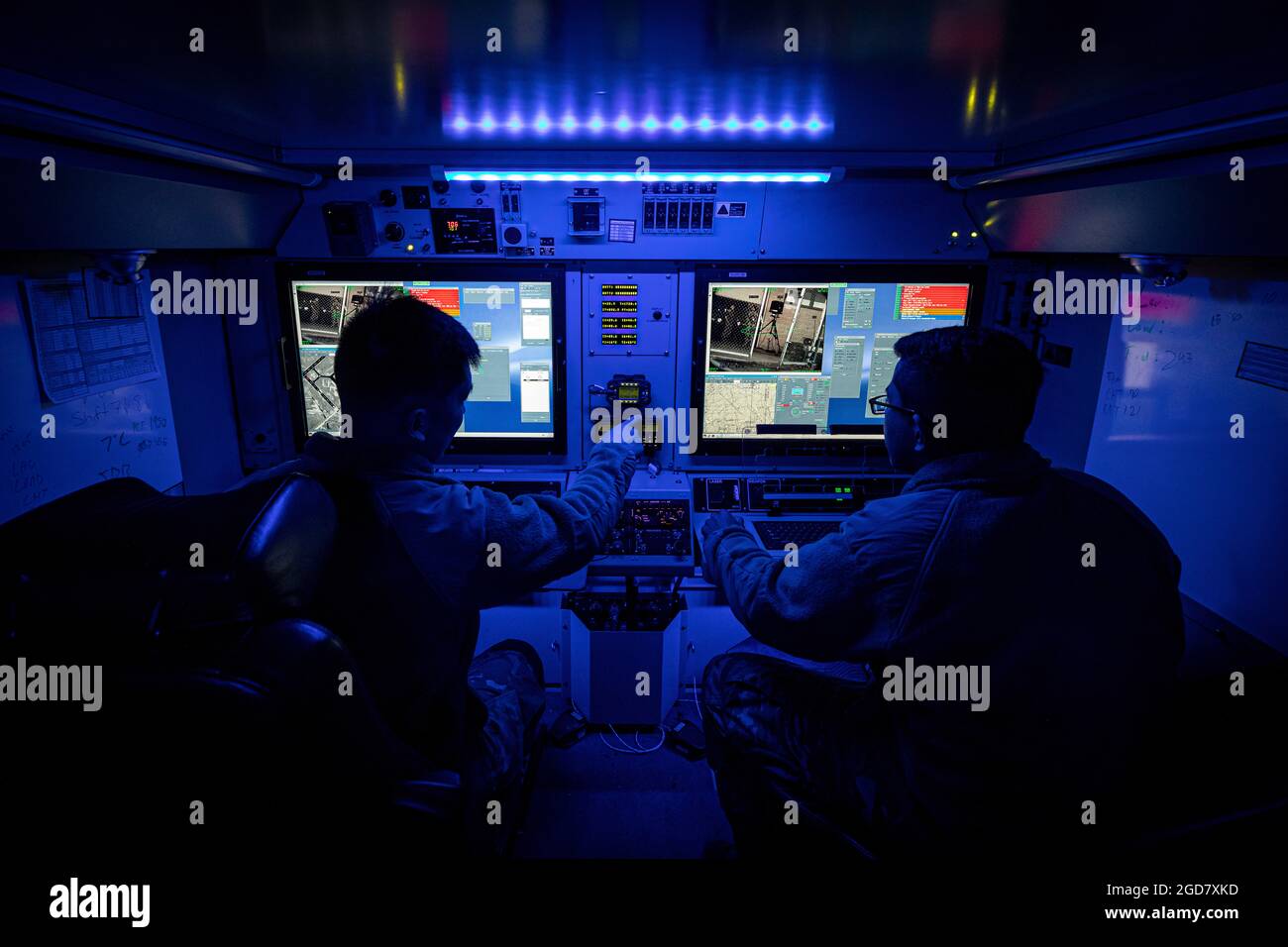 U.S. Army Sgt. Benjamin Yuen, left, and Pfc. Antonio Arriola, Soldiers with the New Jersey National Guard’s Det. 1, D Co., 104th Brigade Engineer Battalion “Skydevils” sit inside a ground control station for a RQ-7B Shadow unmanned arial system on Joint Base McGuire-Dix-Lakehurst, N.J., Feb. 10, 2020. The “Skydevils” provide persistent surveillance and communication relays for ground forces during combat operations. (U.S. Air National Guard photo by Master Sgt. Matt Hecht) Stock Photo