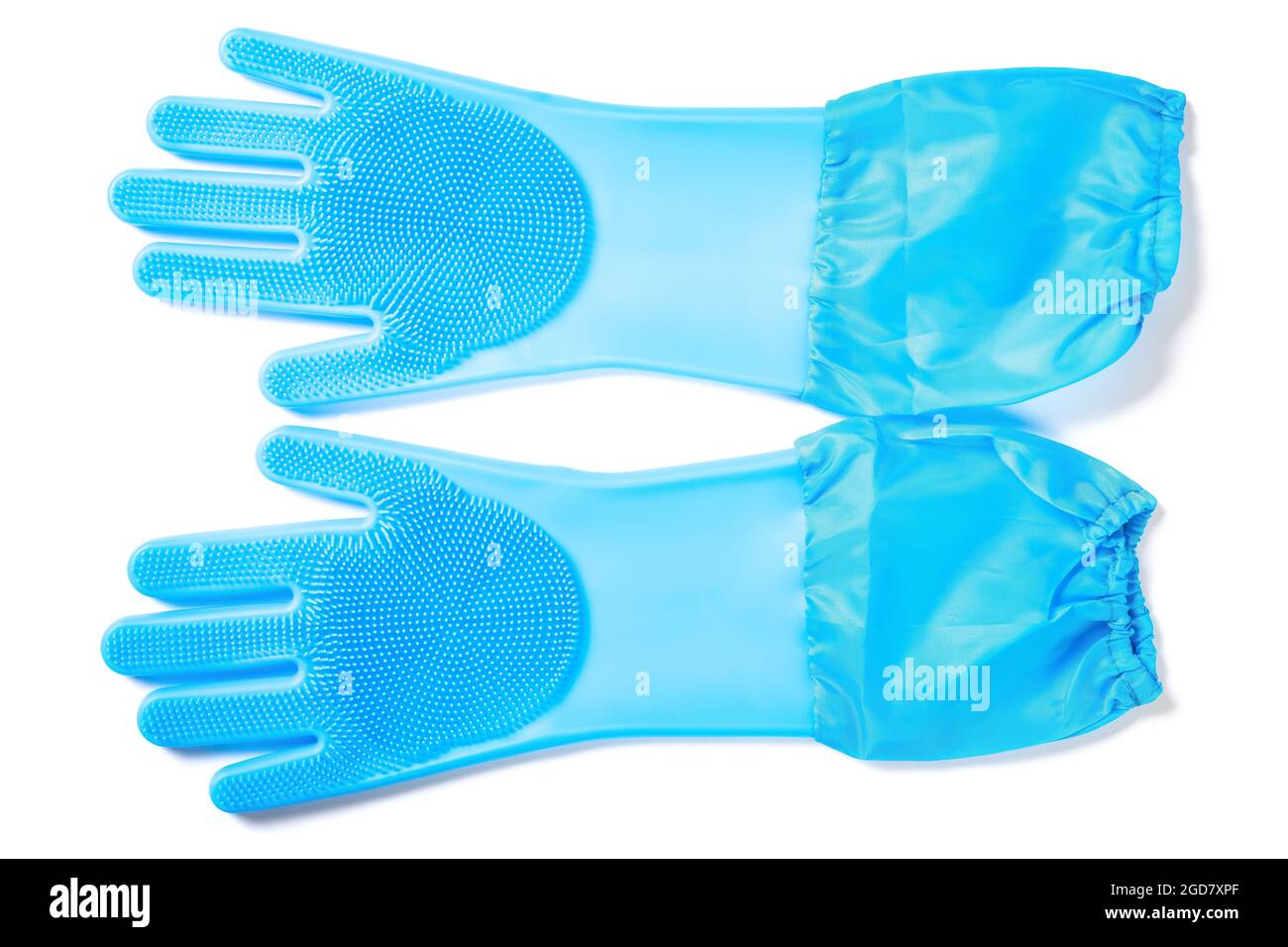 top view pair of blue grooming gloves for pet on white Stock Photo