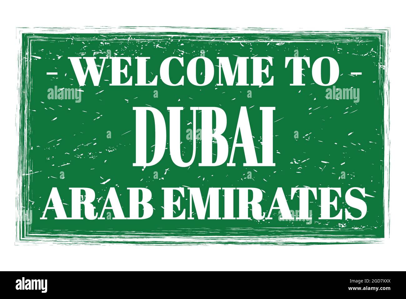 TO DUBAI ARAB EMIRATES, words written on green rectangle post stamp Stock Photo Alamy