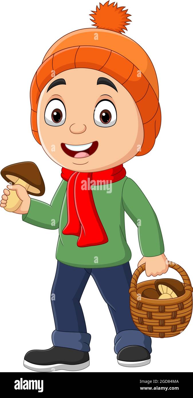 Cartoon little boy with basket of mushrooms Stock Vector