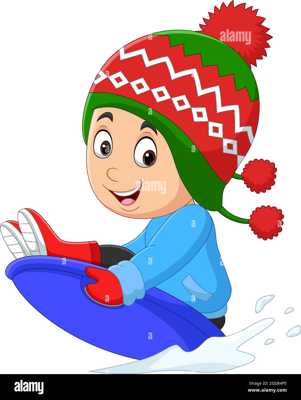 Cartoon little boy sledding down a hill Stock Vector