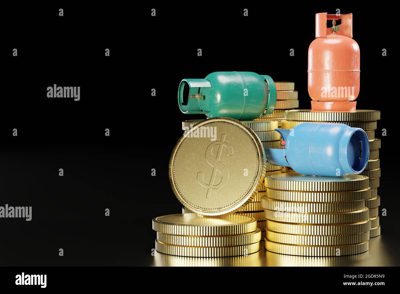 LPG or propane gas tank in the shape of a cylinder placed on a pile of gold coins. The concept of the cost of using cooking gas and the concept of inc Stock Photo