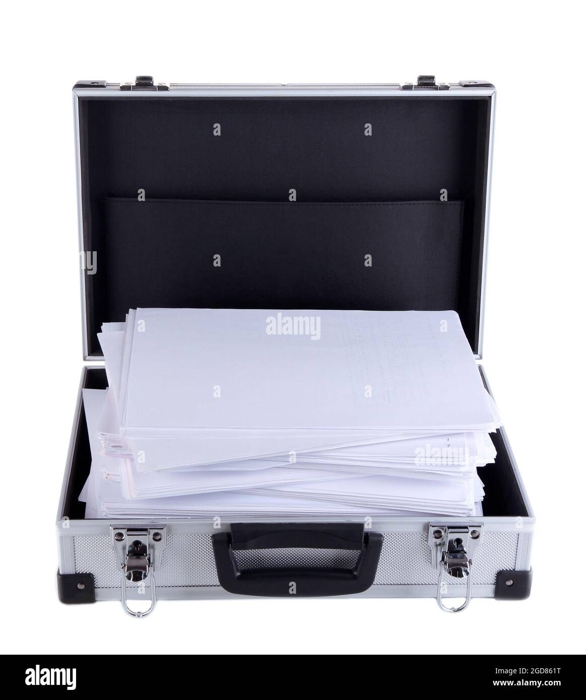 Briefcase full of papers, isolated on white Stock Photo Alamy