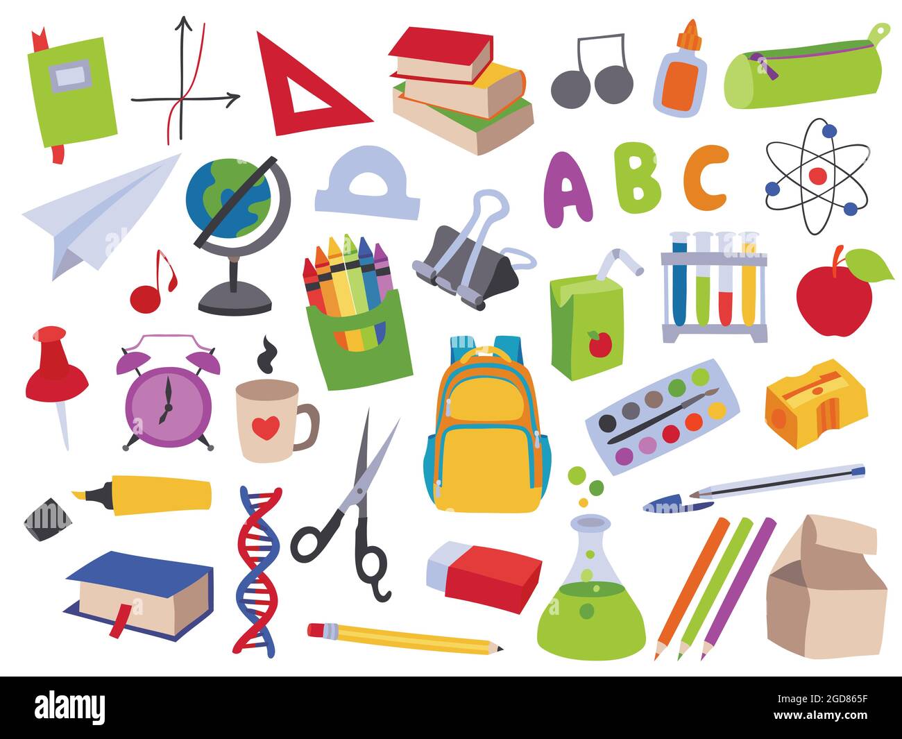 Collection of vector hand drawn illustrations of school related objects and items, back to school, first day of school. Flat colored isolated objects. Stock Vector