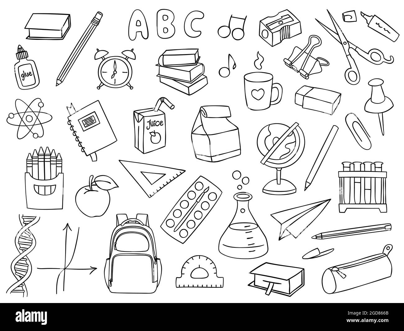 Collection of vector hand drawn illustrations of school related objects and items, back to school, first day of school. Black colored outline doodles. Stock Vector
