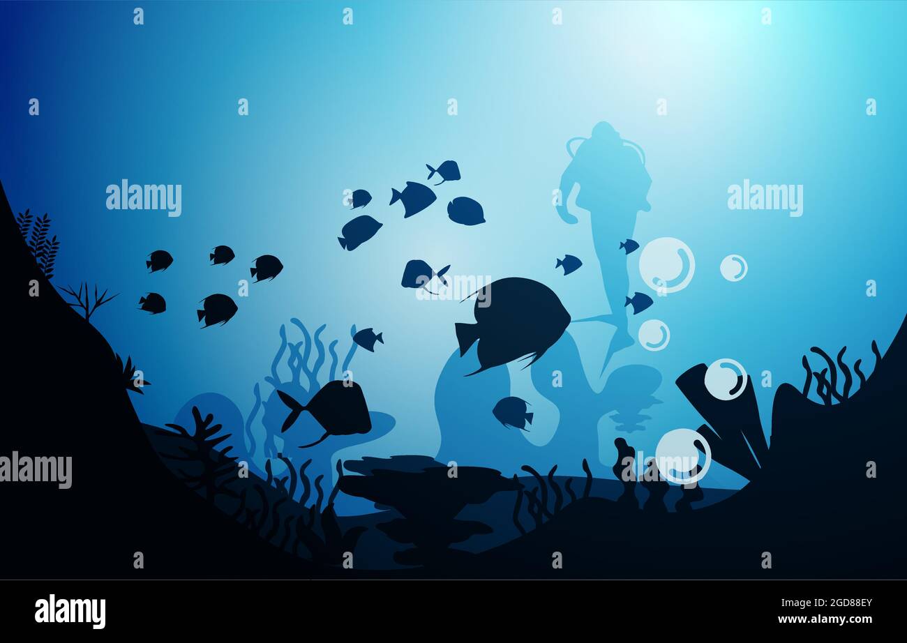 Diver Diving Wildlife Fish Sea Animals Underwater Aquatic Illustration Stock Vector