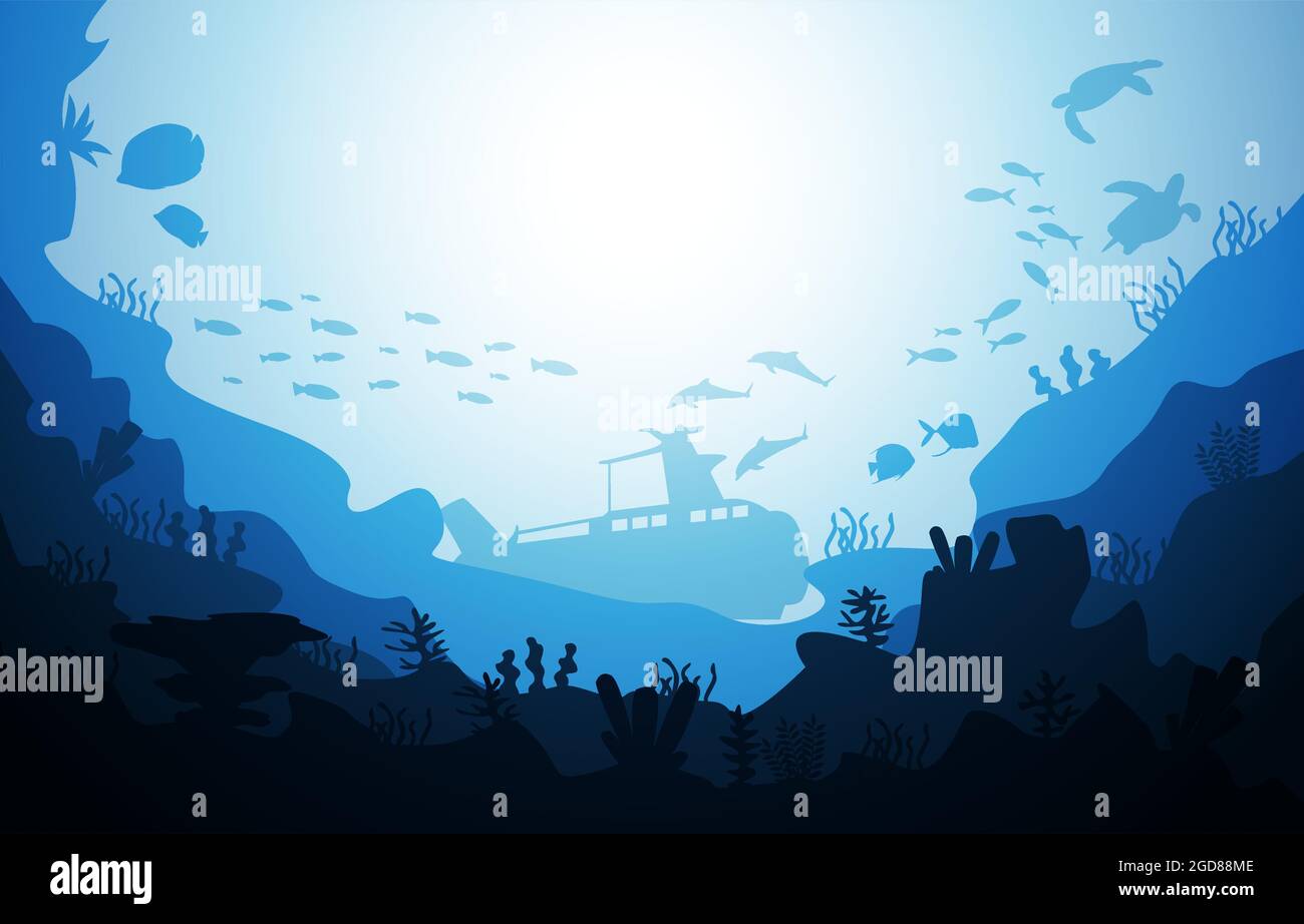 Submarine Ship Wildlife Sea Animals Ocean Underwater Aquatic Illustration Stock Vector
