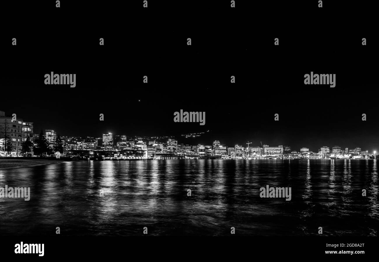Wellington Harbour at night - black and white Stock Photo