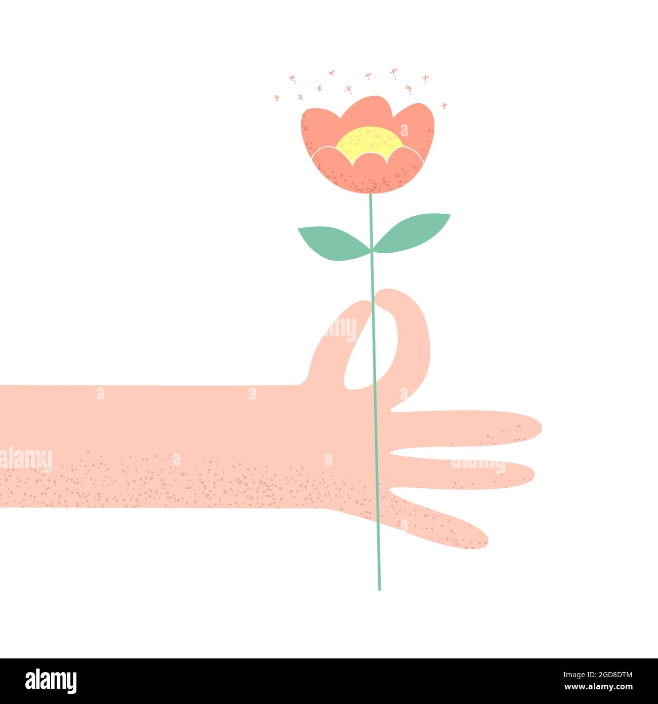 Hand hold flower in flat style. Hand and flower on white background