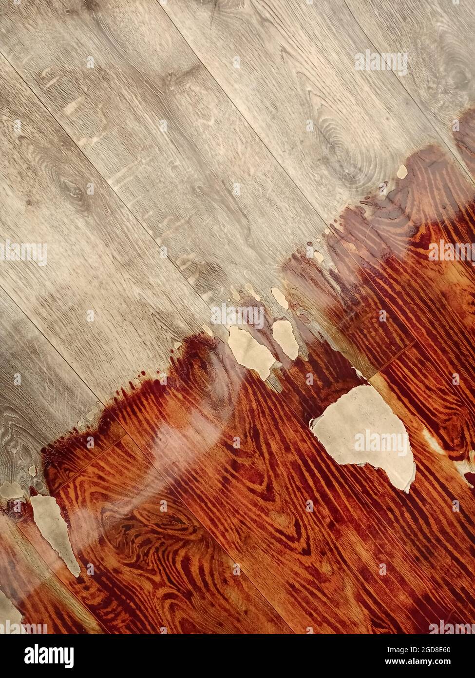 Old linoleum. The floor after the fire. Fire marks on the parquet. A