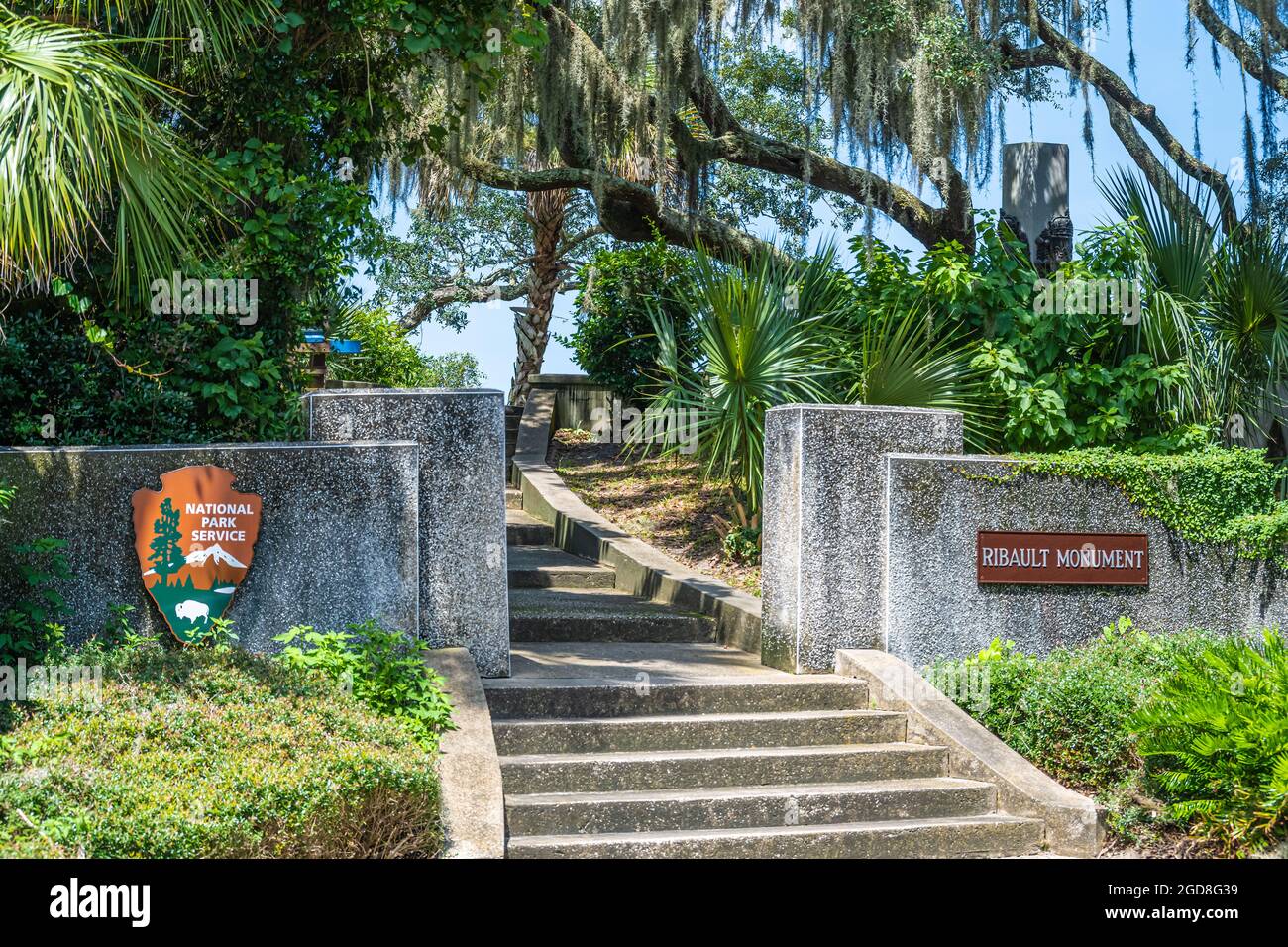 The Ribault Monument (Ribault Column) commemorates the 1562 landing of Jean Ribault near the mouth of the St. Johns River in current Jacksonville, FL. Stock Photo