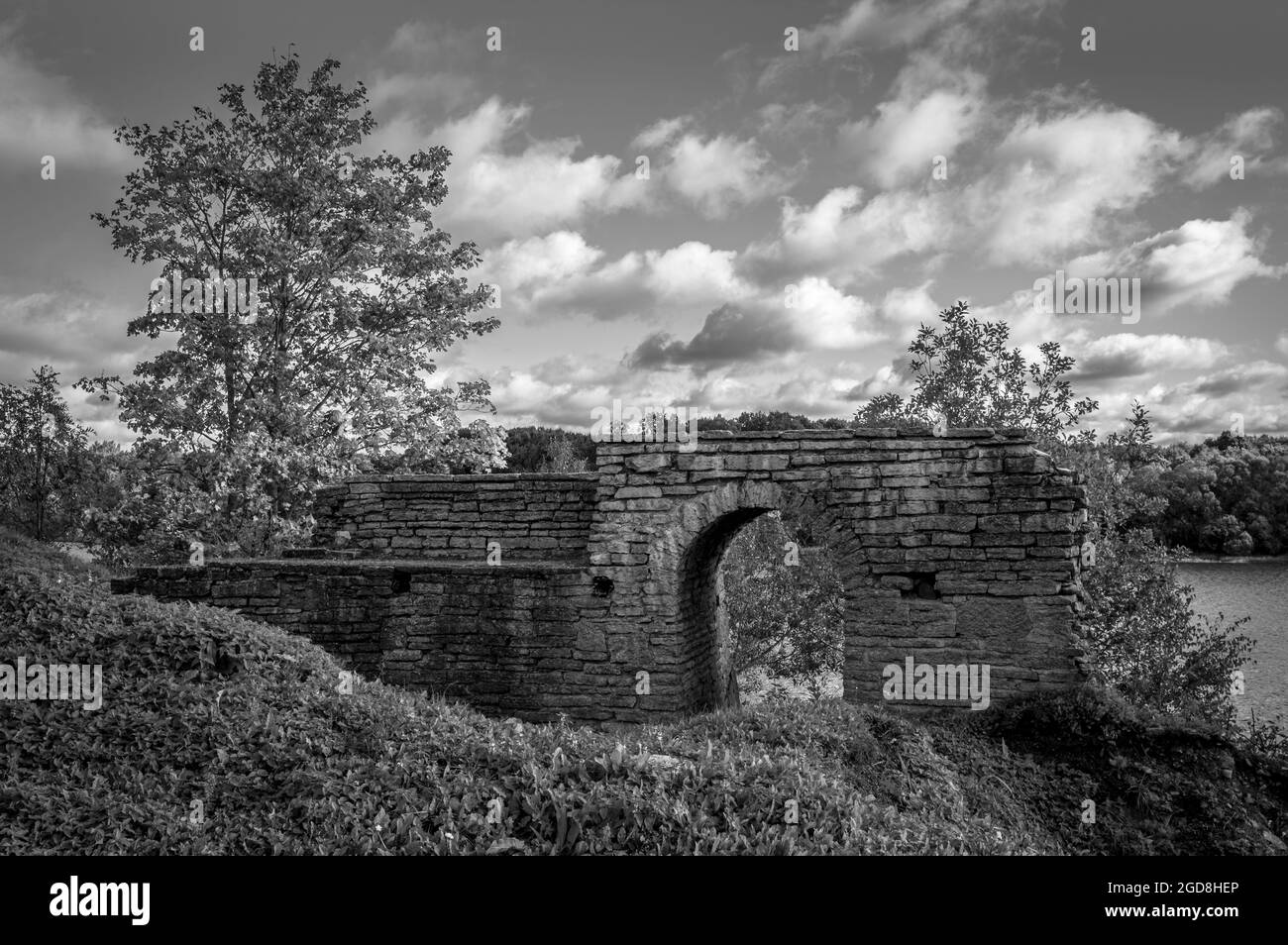 Ancient ruins within Ladoga Fortress. Staraya Ladoga, Russia. Black and