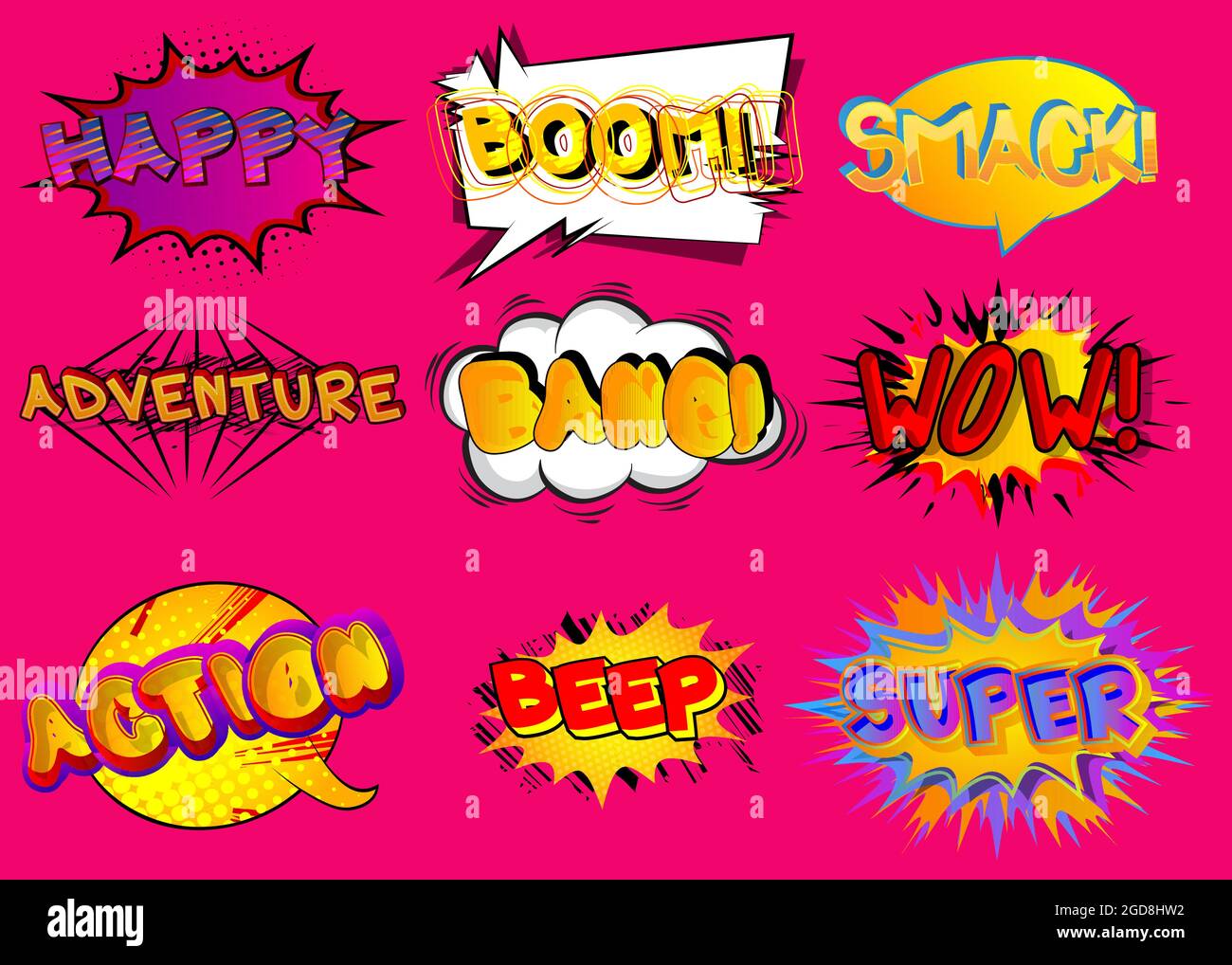 Happy, Boom, Smack, Adventure, Bang, Wow, Action, Beep, Super - Cartoon  words, text effect. Speech bubble. Comics wording sound collection. Set for  yo Stock Vector Image & Art - Alamy