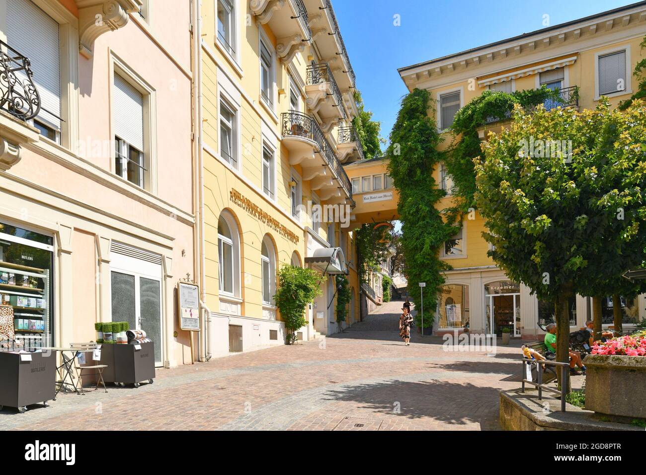 Baden-Baden, Germany - July 2021: Street in historic city center with hotel called 'Heliopark Bad Hotel Zum Hirsch' Stock Photo