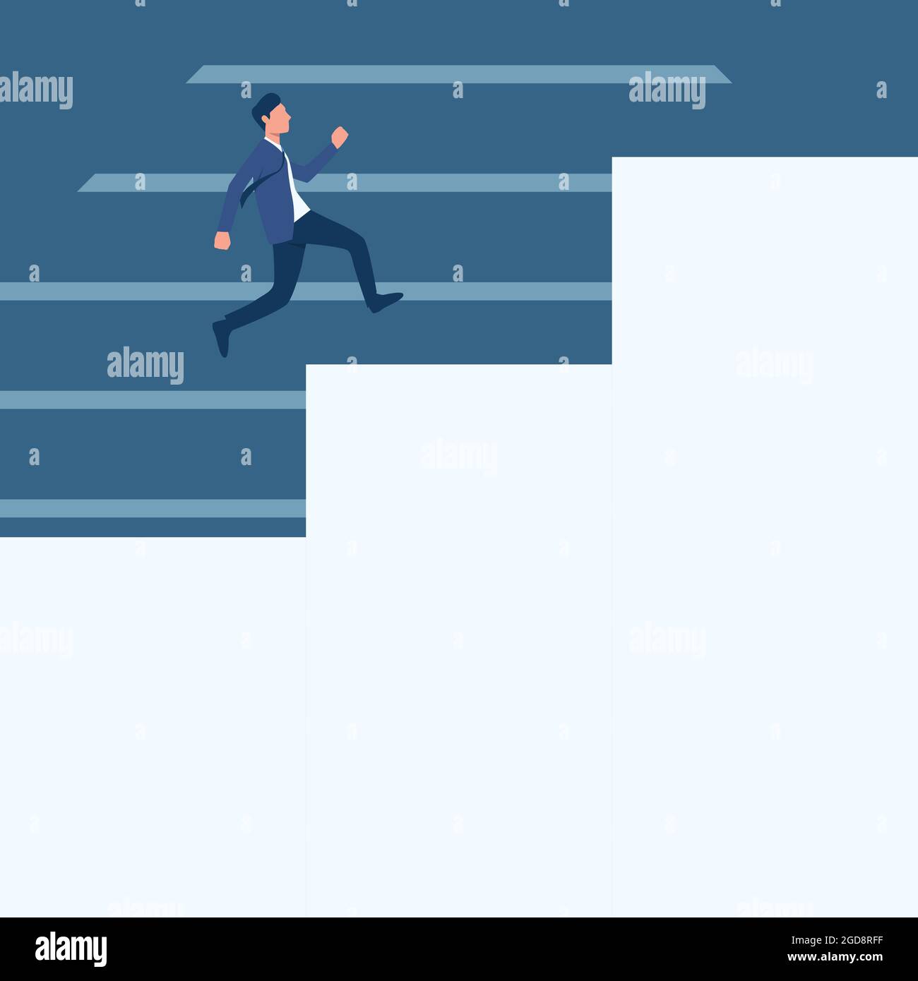 Gentleman In Suit Drawing Running Upwards On A Large Stair Steps. Man In Uniform Design Climbing Big Stairs Showing Progress And Improvement. Stock Vector