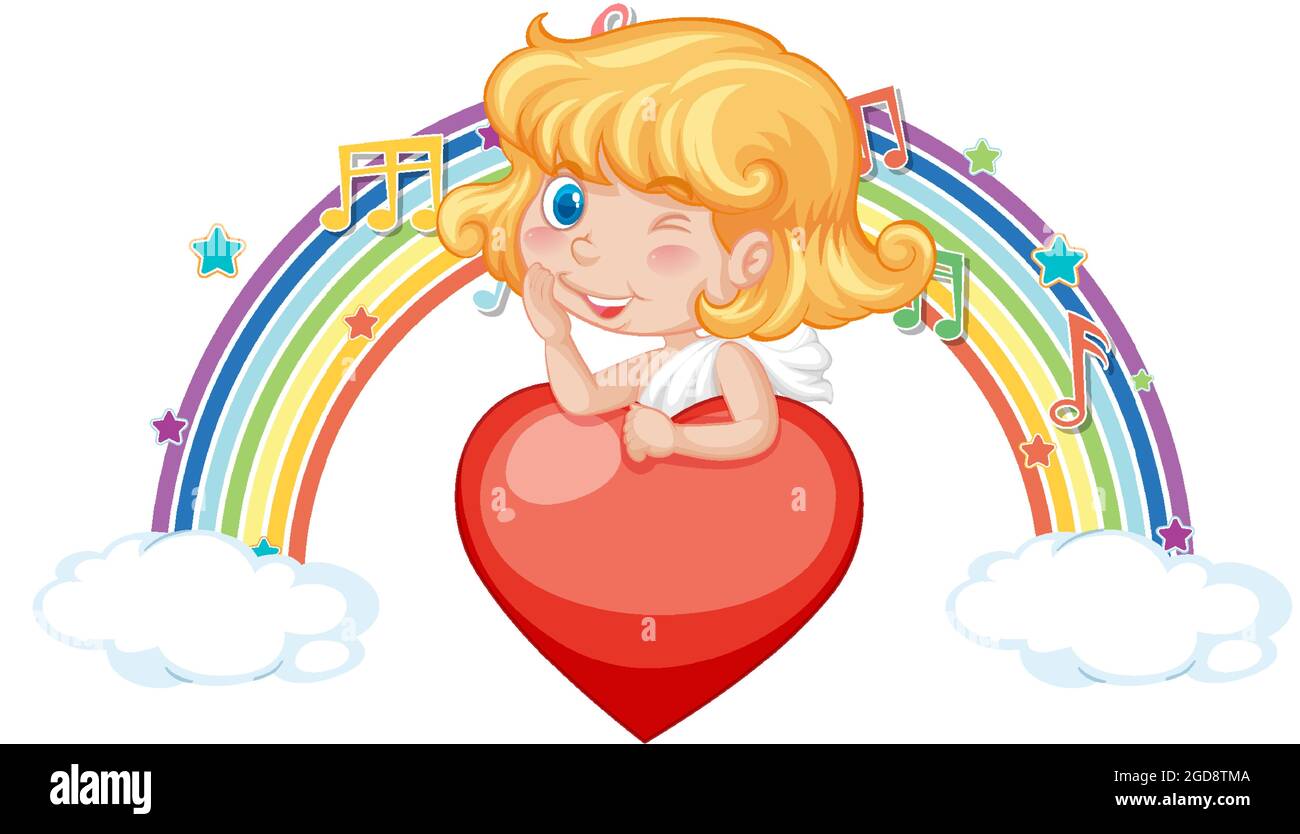 Cupid girl holding heart with melody symbols on rainbow illustration ...