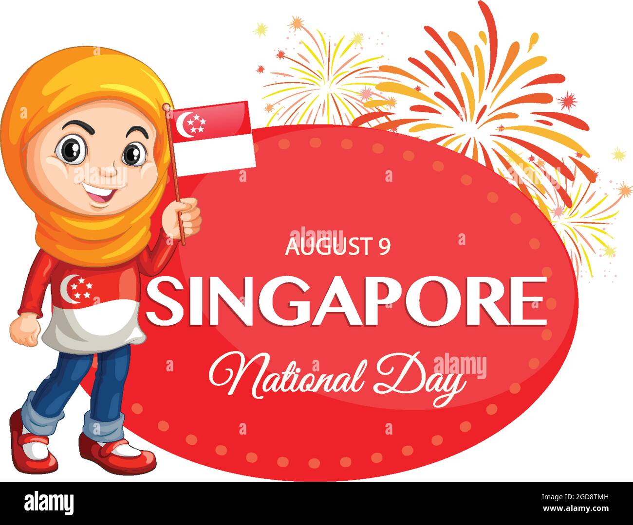 National Day of Singapore banner with a muslim girl holds Singapore flag illustration Stock Vector