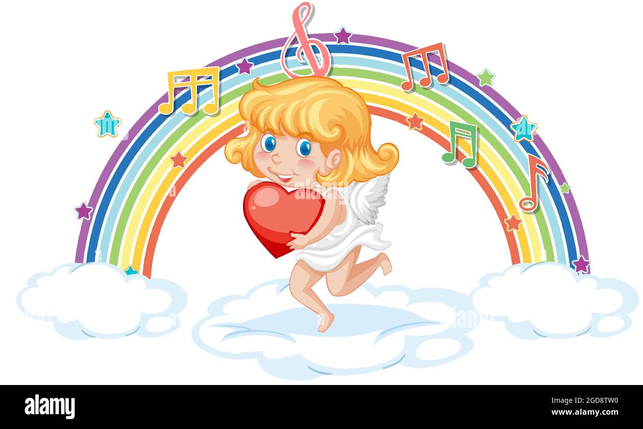 Cupid girl holding heart with melody symbols on rainbow illustration ...