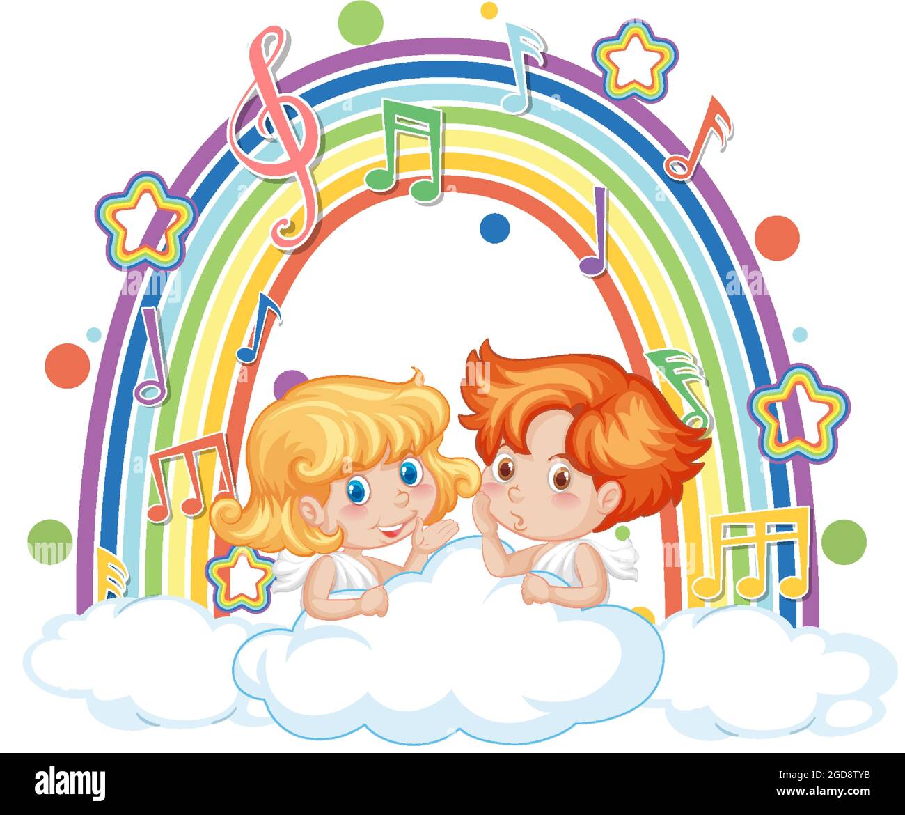 Cupid couple holding with melody symbols on rainbow illustration Stock ...