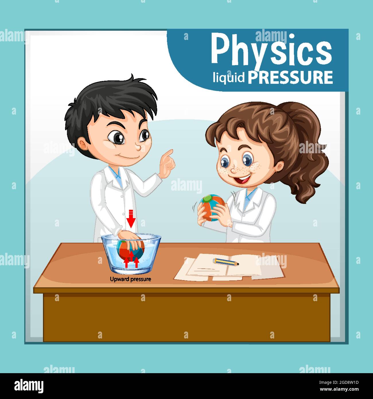 Physics liquid pressure with scientist kids cartoon character